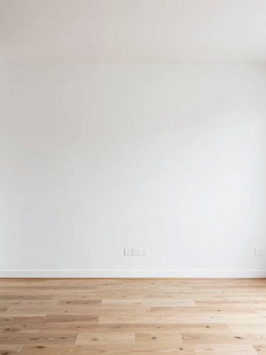 Crisp architectural photography, bright daylight, straight-on wide shot of a newly renovated modern minimalist apartment living room in Madrid, flawless white plasterboard walls, neat oak flooring, 35mm lens.