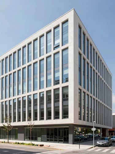 Crisp architectural photography of a newly renovated commercial office space in Barcelona, bright natural daylight, clean high-contrast tones, sharp focus, professional construction details, 35mm lens