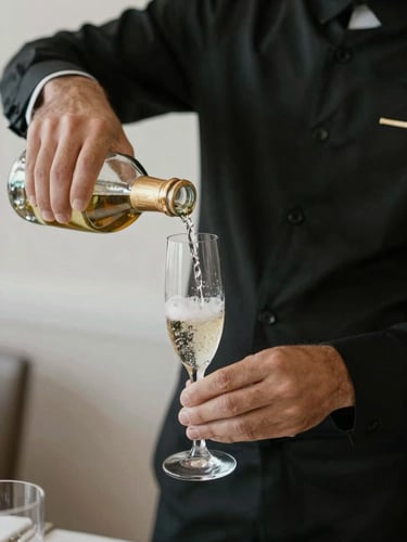Close-up of a waiter in a minimalist black uniform pouring champagne into a crystal flute, soft side lighting, elegant atmosphere.