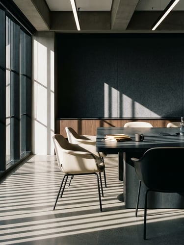 Sharp architectural crop of a structured boardroom with hard directional daylight, clean shadows, deep slate and warm cream tones, 35mm lens
