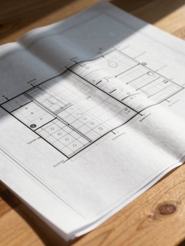 Close-up of physical blueprints and strategic plans on a heavy oak table, hard daylight casting sharp shadows, high contrast editorial corporate style
