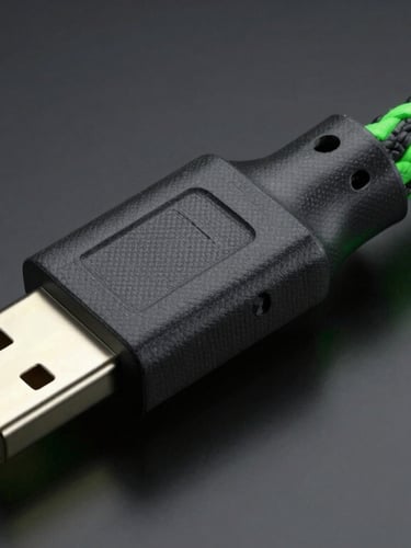 Tight macro shot of a coiled braided USB-C cable showing ultra-detailed fabric texture, neon green rim lighting, dark reflective background, sleek 3D render style