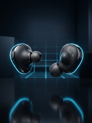 Sleek 3D render of high-fidelity wireless earbuds floating over a dark reflective surface, neon blue rim lights, high-contrast studio lighting, ultra-detailed, octane render
