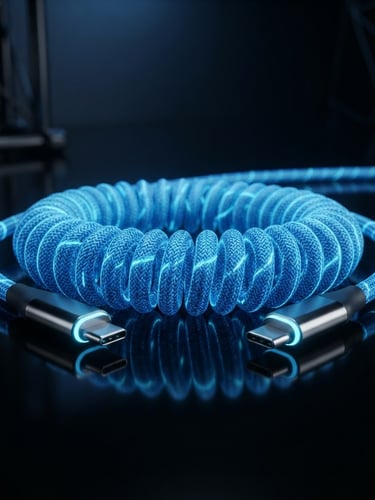 Sleek 3D render of a neon blue coiled braided USB-C cable on a dark reflective surface, high-contrast studio lighting, ultra-detailed