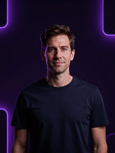 Low-key portrait of a B2B founder in a modern dark studio, moody violet backlighting, soft neon glows, professional, high-end photography