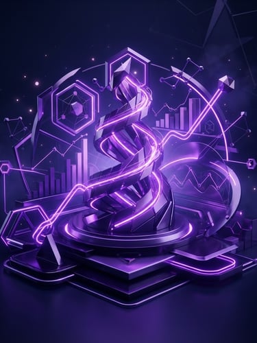 Sleek 3D growth dashboard with glowing purple neon lines, dark violet accents, deep navy background, minimalist abstract geometry, octane render