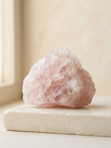A raw rose quartz crystal specimen sitting on a minimalist light stone plinth, soft morning window light, cream background, macro mineral detail.