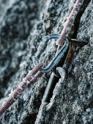 Extreme close-up of technical climbing rope and carabiners iced over on a high alpine ridge, sharp natural mountain light, desaturated tones, 35mm film grain.