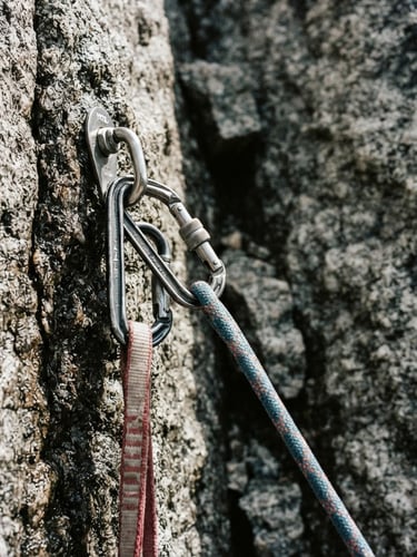 Extreme close-up of technical climbing rope and carabiners on a sheer granite cliff face, high-contrast dramatic alpine light, desaturated tones