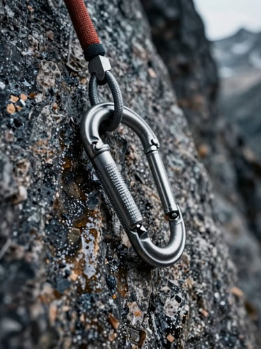 Extreme close-up of technical climbing gear and carabiners on a wet rock face in harsh mountain weather, desaturated alpine tones