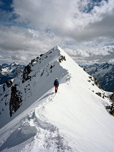 A lone mountaineer climbing a steep snow ridge toward a sharp peak, dramatic overcast skies, high-contrast natural light.