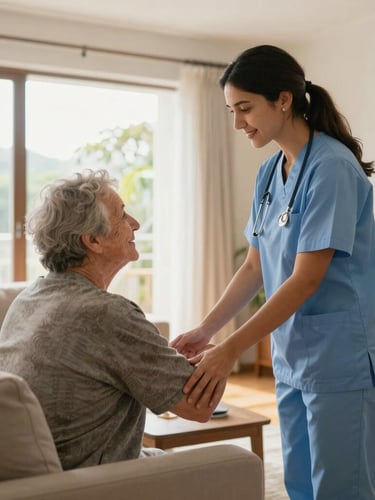 Wide shot of a professional caregiver in a neat uniform warmly assisting an elderly person in a bright, sunlit living room in Erechim, natural daylight, warm atmosphere.