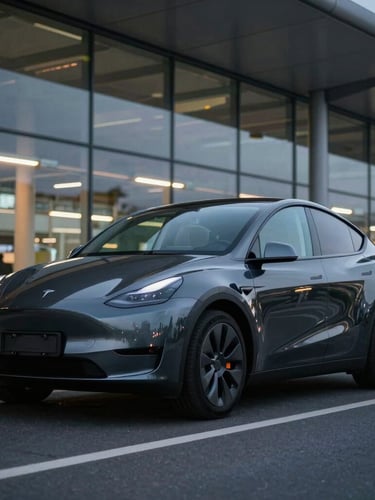 Low-angle cinematic shot of a clean, gleaming dark Tesla Model Y parked outside the modern glass-and-steel terminal of Frankfurt Airport at dusk, cool-toned evening city lights reflecting on the car body