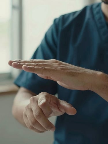 Close-up portrait of a researcher's hands signing in Libras, with subtle emerald and navy color treatment, soft natural window light, shallow depth of field, 35mm