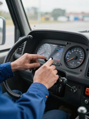 Close-up of a skilled mechanic's hands inspecting a bus dashboard instrument panel, focused on technical details, under clean warehouse lighting, realistic industrial tones, sharp focus, 35mm lens
