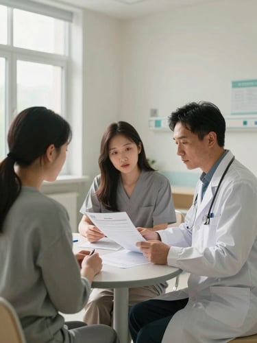 Wide environmental shot of a light-filled hospital consultation room, a medical coordinator and a patient seated at a table reviewing printed intake forms together, diffuse natural window light from the left, calm clinical interior, medium shot showing both people mid-conversation, no dramatic shadows