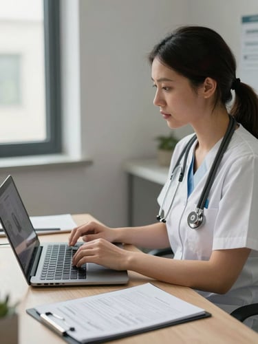 Medium shot of a medical coordinator on a video call at a clinic desk, laptop open, calm natural light from a nearby window, intake form visible on the desk surface, professional and attentive