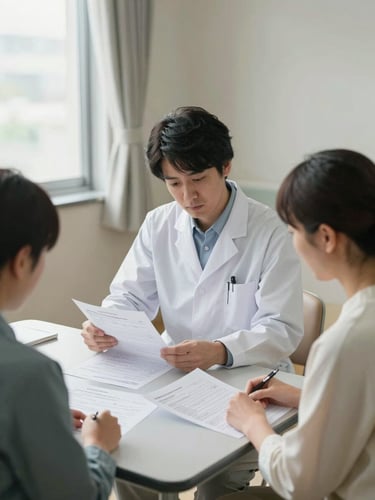 Wide environmental shot of a hospital consultation room in Japan, a coordinator and patient seated at a table reviewing printed intake documents together, diffuse natural window light from the left, calm clinical interior, focus on the papers and attentive posture of both people