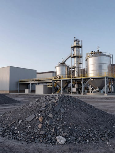 Wide environmental shot of a clean, modern mineral processing facility in the high Peruvian Andes, cool morning light, sharp technical focus, negative space on the left