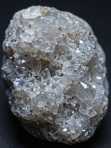 Macro photography of processed high-purity zeolite crystals, technical laboratory lighting, high-contrast crystalline structures, 50mm lens