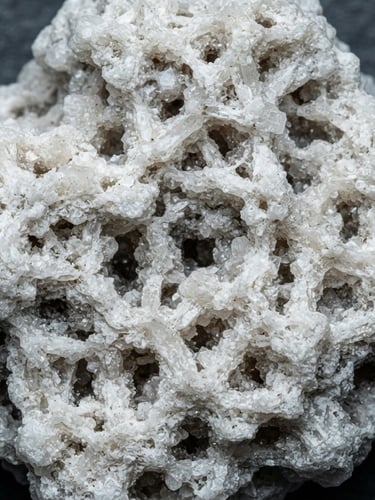 Industrial macro photography of highly porous white zeolite mineral crystals, sharp technical lighting, cool slate background, high-contrast detail, 50mm lens