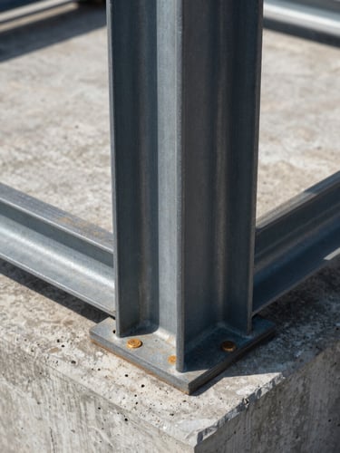 Close-up of raw structural steel joints and poured concrete foundations, high-contrast natural daylight, precise architectural framing