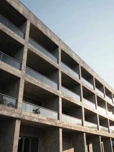 Crisp architectural elevation of a modern commercial structure under bright morning light, steel and concrete details, wide angle