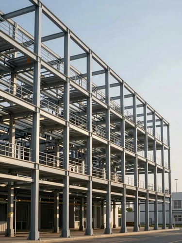 A wide straight-on architectural elevation of a steel-framed building structure under crisp morning daylight, clean lines, high contrast.