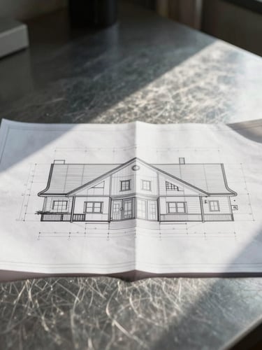 Straight-on architectural elevation blueprint resting on a clean steel desk, crisp technical lines, high-contrast morning light.