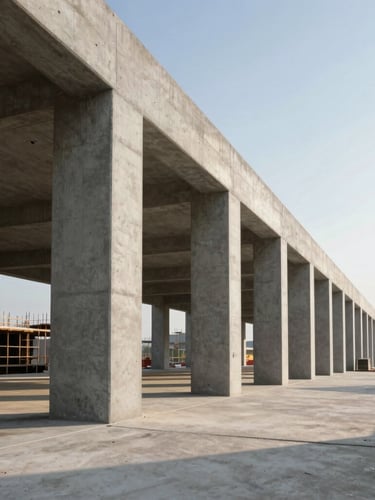 Wide structural angle of a modern commercial job site under crisp morning light, clean concrete columns casting sharp shadows, negative space on the right third