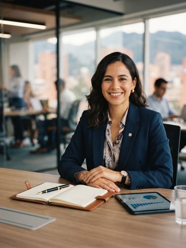 A professional financial advisor smiling warmly in a modern corporate office in Bogotá, soft natural daylight, shallow depth of field, 35mm