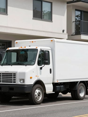 A clean local service truck parked in front of a modern residential garage door on SW Pacific Highway in Portland, bright natural outdoor daylight, crisp editorial style