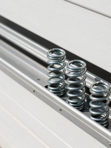 Close-up of heavy-duty steel torsion springs and modern garage door tracks, bright natural daylight, sharp focus, 35mm lens