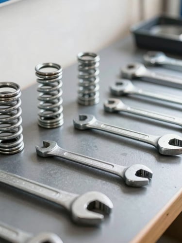 Close-up of a technician's neat tool setup with heavy-duty steel springs and wrenches on a clean dark workbench, bright natural side lighting, 35mm lens
