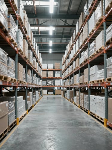 Wide environmental shot of a modern clean logistics warehouse with structured shelving, cool desaturated tones, sharp overhead industrial lighting, 35mm lens.