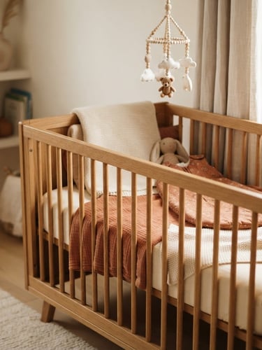 A warm, eye-level shot of a wooden baby crib in a sunlit nursery, soft natural daylight casting gentle shadows, terracotta and cream fabric textures, shallow depth of field, warm editorial photography style.