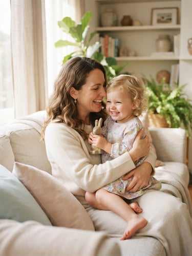 Warm editorial portrait of a mother holding her toddler in a sunlit living room, soft natural daylight, gentle pastel tones, shallow depth of field, 35mm