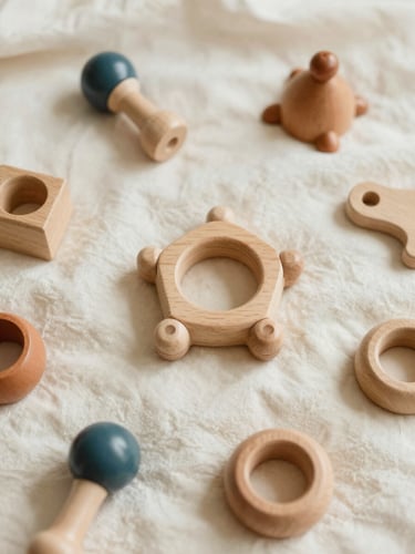 Overhead flatlay of curated children's wooden toys and a soft cotton blanket on a warm cream background, soft natural daylight, shallow depth of field