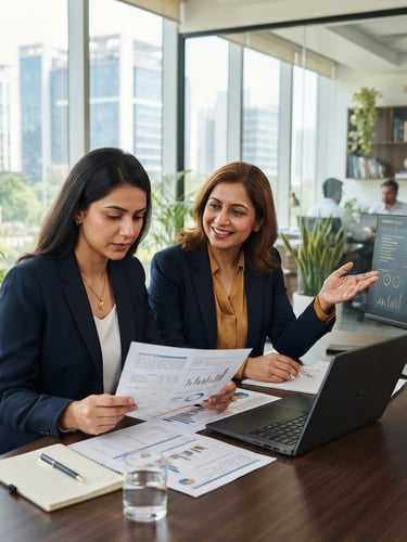 Professional portrait of two financial advisors in a bright, modern Gurugram office, one looking at documents, the other gesturing towards a screen, natural office daylight, crisp navy and warm gold tones, shallow depth of field, 35mm.