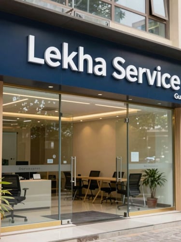 Portrait-oriented photograph of the modern, well-lit entrance area of Lekha Service's Gurugram office, featuring subtle branding and a professional, welcoming atmosphere, natural daylight.