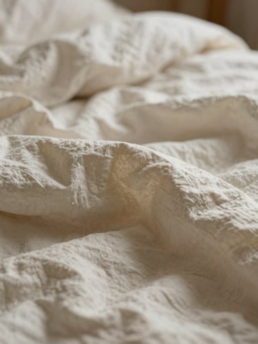 Macro close-up of unmade bed with rumpled linen sheets in warm morning light, soft shadows, 35mm