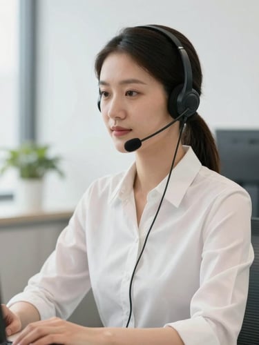 A professional female interpreter with a headset working in a bright, modern corporate office setup, neutral background, clean corporate photography.