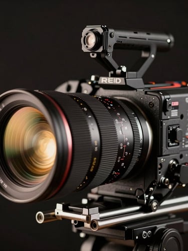Extreme close-up of a high-end RED cinema camera rig with anamorphic lens, gold backlighting, low-key lighting, shallow depth of field