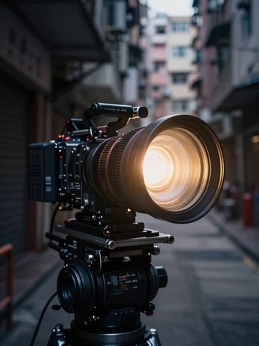Extreme close-up of an anamorphic lens flare on a high-end cinema camera rig in a low-light Hong Kong alleyway, dramatic gold backlighting against deep navy shadows, ultra-wide 21:9 feel