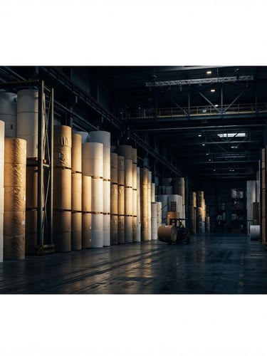 Wide panoramic shot of industrial paper rolls stacked in a vast, modern, low-lit warehouse, dramatic side-lighting, deep shadows, 35mm, deep navy and gold tones, sharp architectural focus.