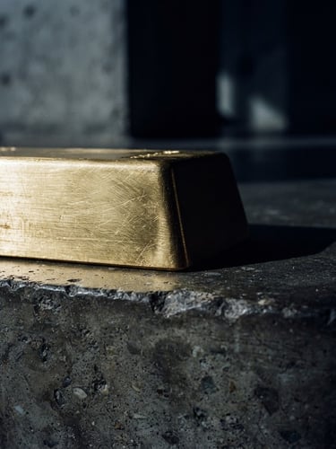 Macro detail of polished concrete and brushed gold ingot, dramatic side-lighting, deep shadows, 35mm, sharp architectural focus.
