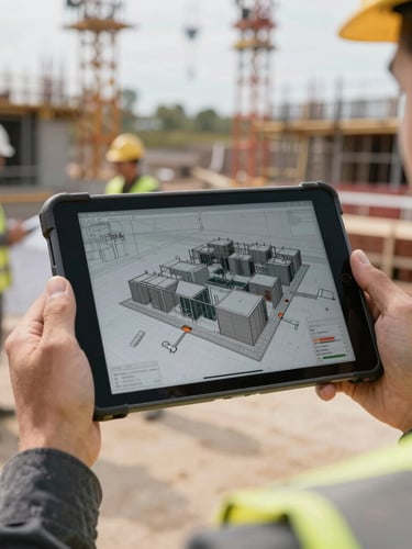 Close-up of hands holding a rugged tablet displaying a complex 3D BIM model on an active construction site, engineers in high-visibility gear in the soft-focus background.