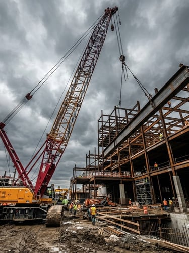 Low-angle dynamic shot of a massive crawler crane lifting a steel structural beam on an industrial construction site, dramatic overcast sky, high-contrast steel and earth tones, 35mm.