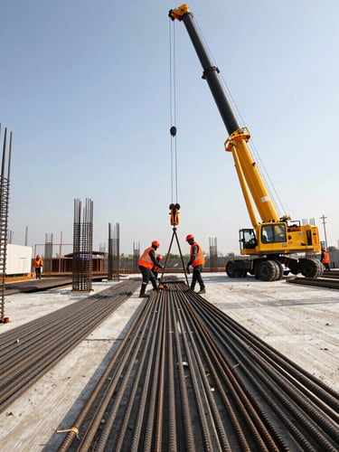 Low-angle dynamic shot of steel reinforcement bars being positioned by a crane on a concrete foundation, workers in high-visibility orange vests, crisp daylight, industrial editorial style.