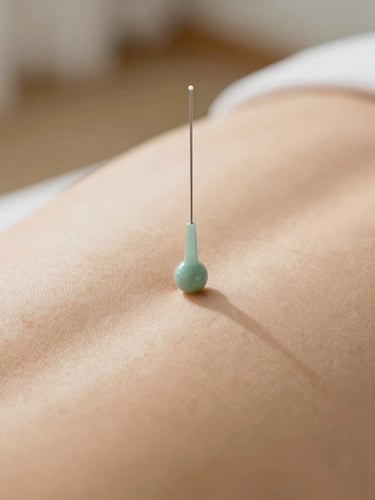Close-up of sterile acupuncture needles placed precisely on a patient's back, warm sand background, soft natural daylight, shallow depth of field, 35mm clinical photography